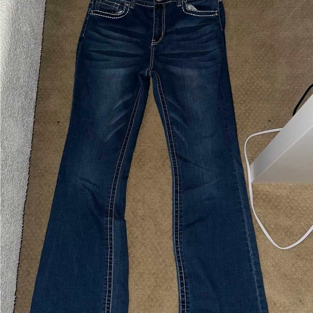 Blue Flare Wide Leg Jeans with Cross Gem Detailing